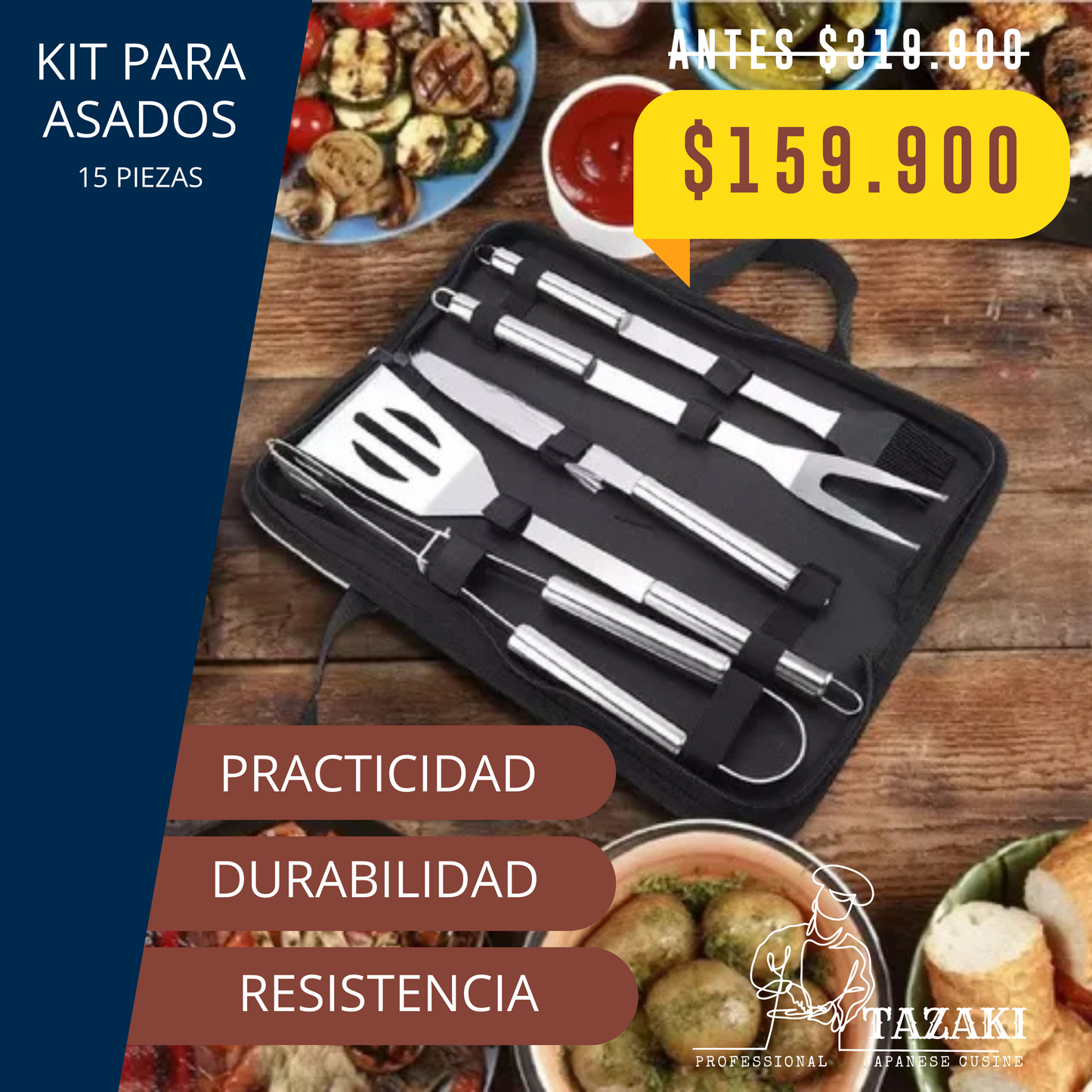 Cuchillo Profesional Japonés+ Kit de Parrilla 15 piezas