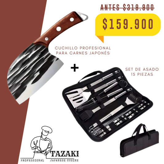 Cuchillo Profesional Japonés+ Kit de Parrilla 15 piezas